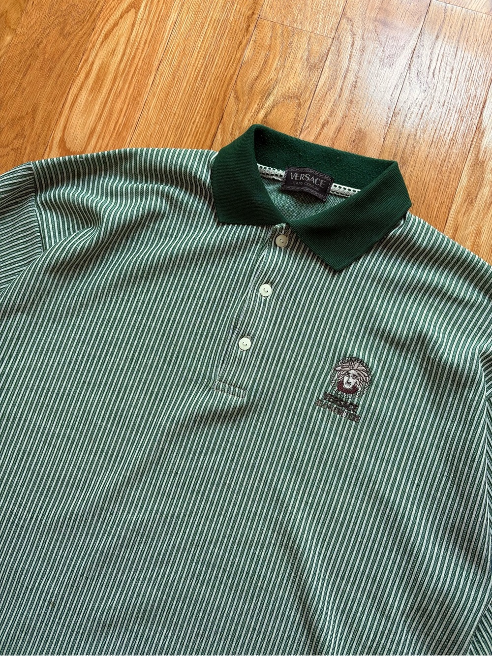 Versace Jeans Couture Vintage 90s Preppy Golf Polo Shirt Green Stripe Medusa L